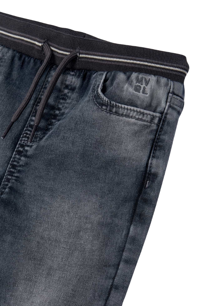 Close up view of Mayoral grey denim jogger with elastic waistband