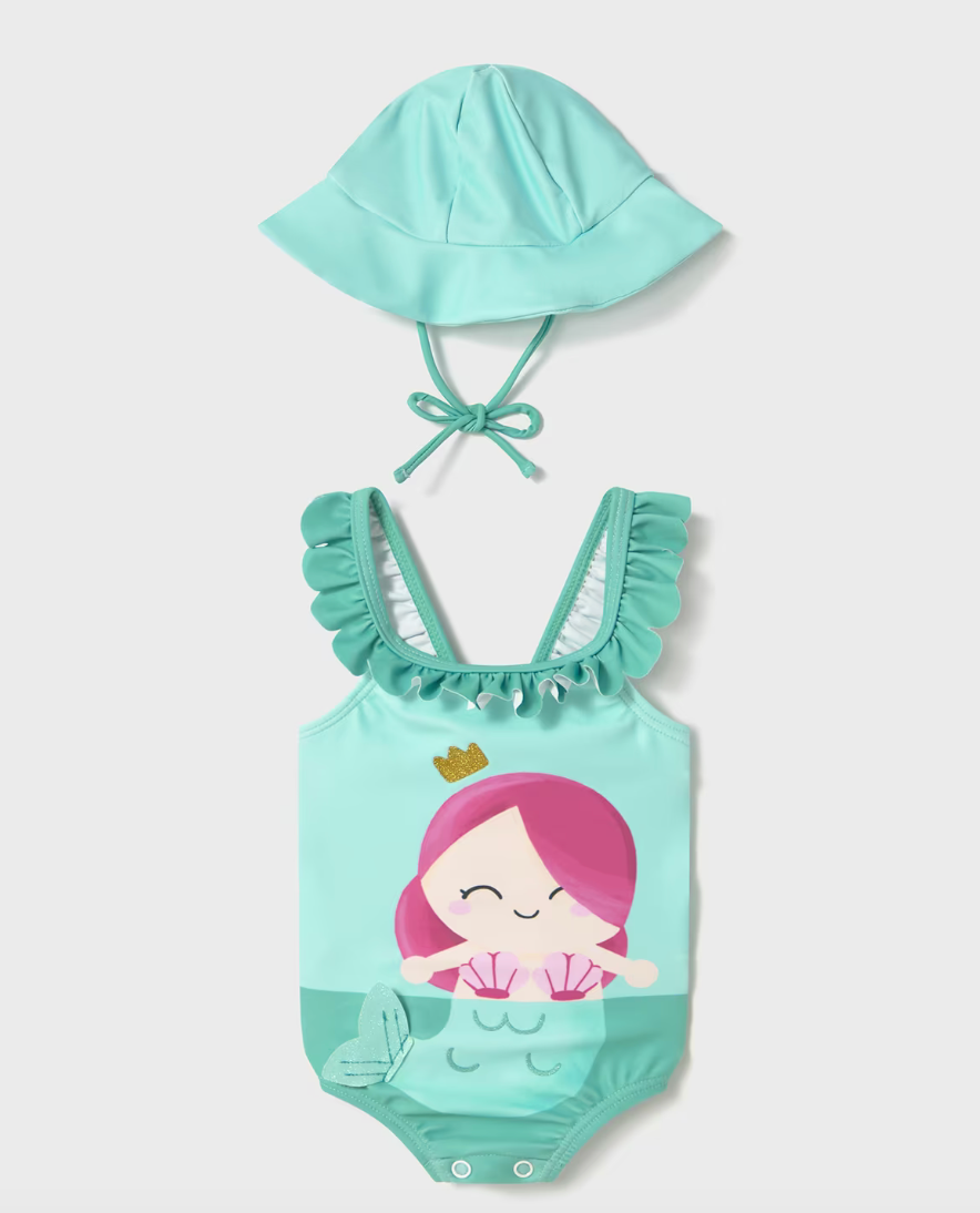 A green mermaid print baby bathing suit with a matching hat, featuring a character design of a mermaid girl.