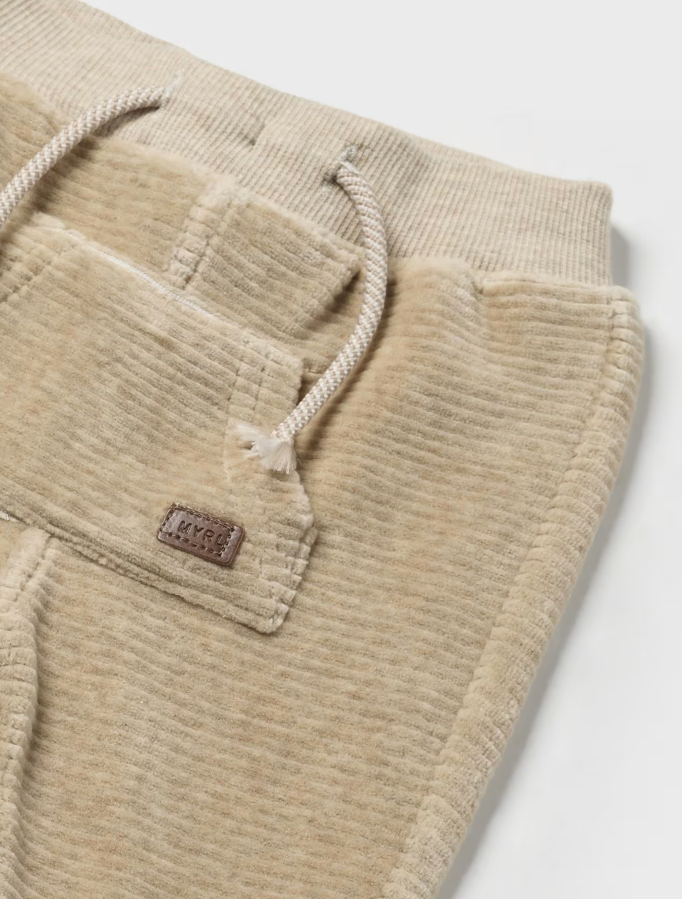 Close up of Mayoral Newborn corduroy in beige with drawstring