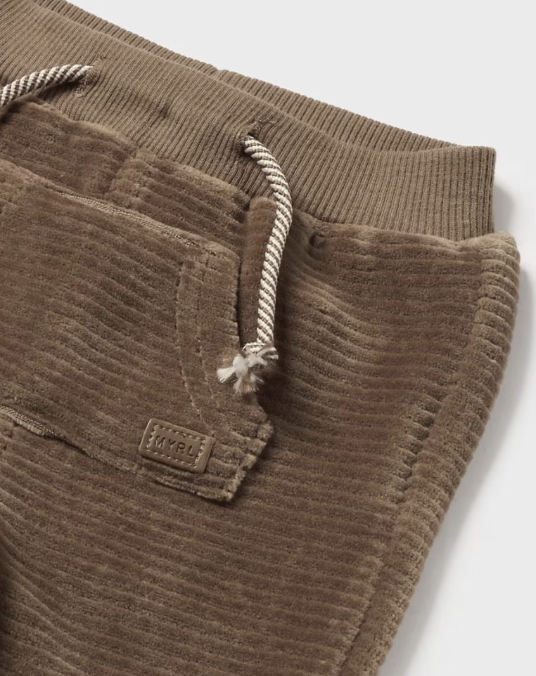 Close up view of Mayoral newborn corduroy pants with drawstring