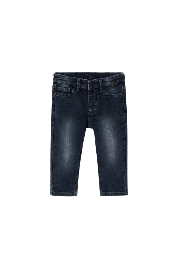 A pair of Mayoral slim fit baby jeans with elasticated waistband and snap button fastening, featuring five pockets.