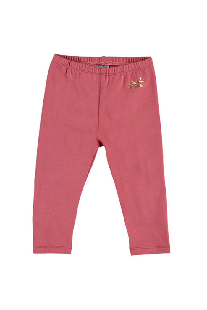 A pair of Mayoral pink baby leggings with an elastic waistband, made from a blend of polyester, cotton, and elastane.