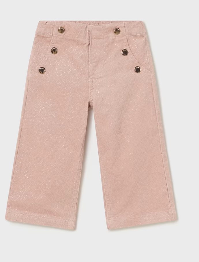 A pair of Mayoral pink baby pants with an adjustable waistband and buttons, featuring a soft micro-corduroy fabric.