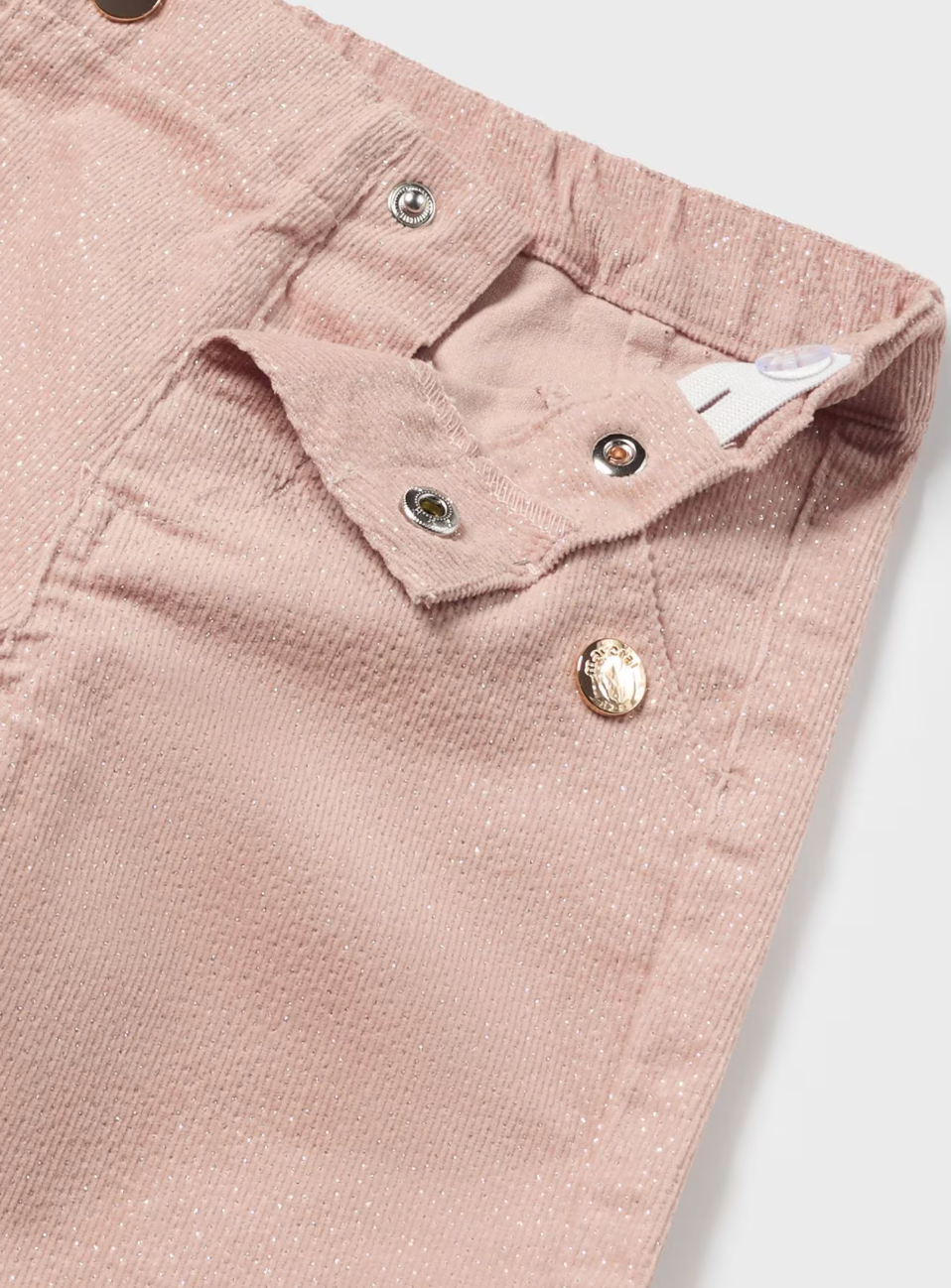 Close-up view of Mayoral pink sparkle pants with adjustable waistband