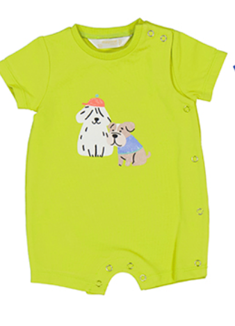 Green baby romper with dog illustrations