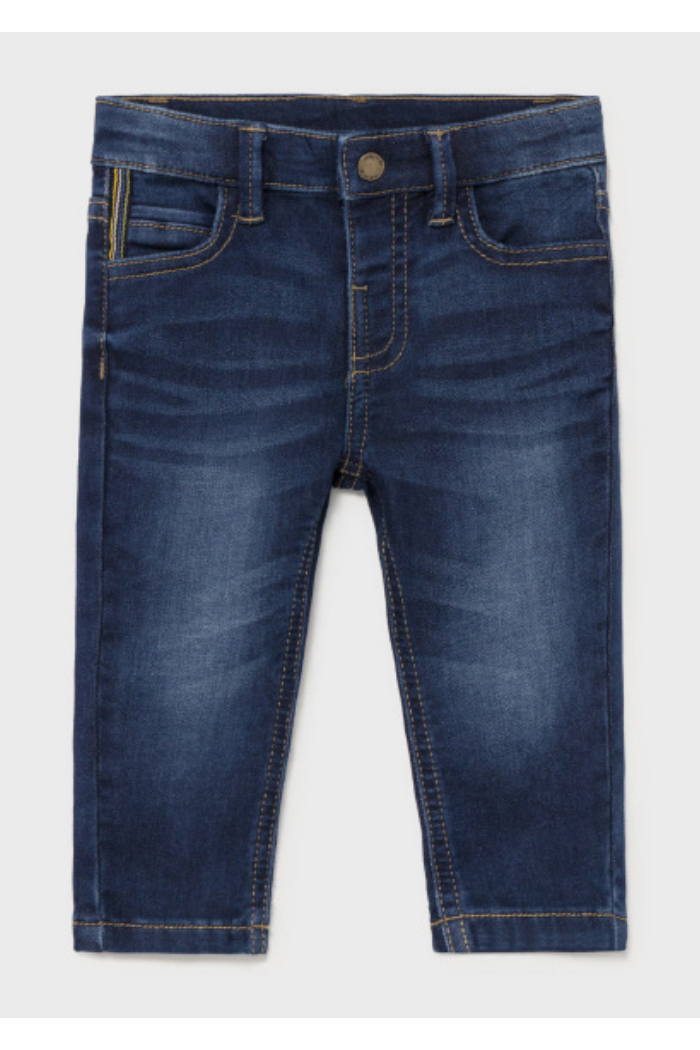 A pair of Mayoral blue denim long pants for baby boy, showing the back pockets and button closure.