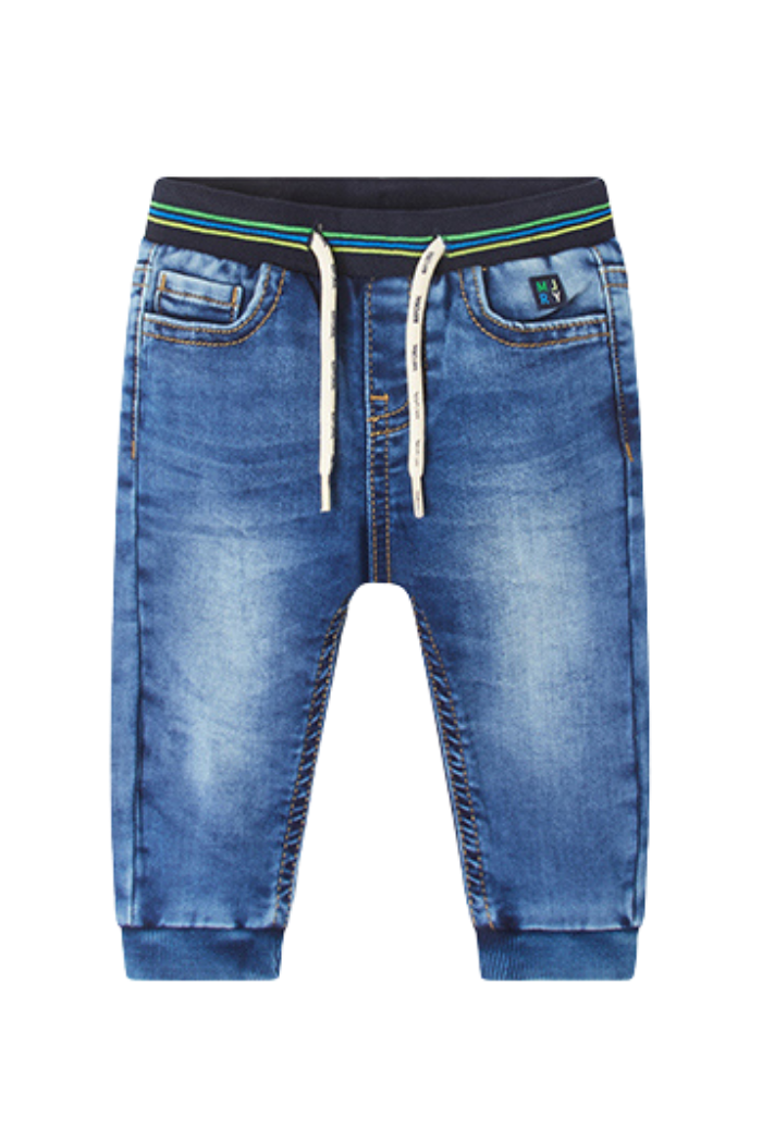 A pair of Mayoral soft denim jogger with drawstring and elastic waistband