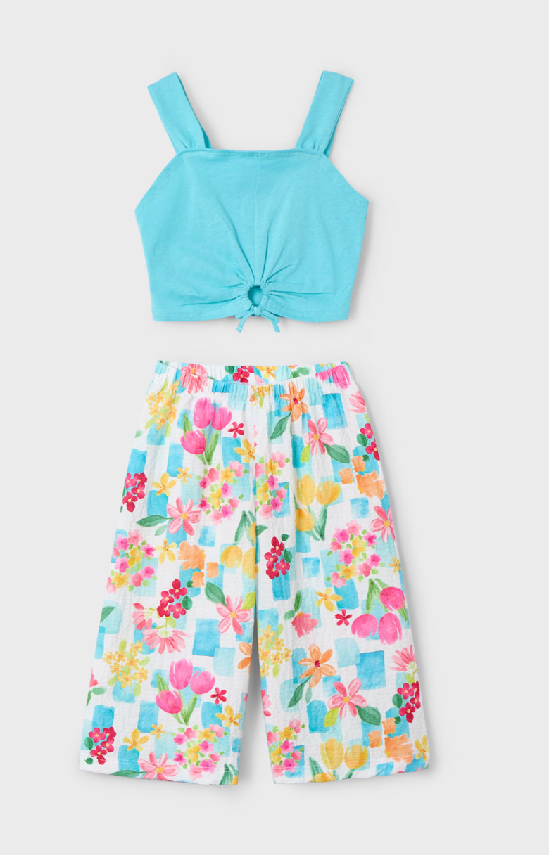 A set of teal top and floral printed pants suitable for girls.