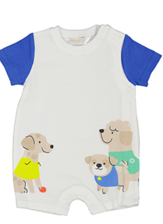 White baby romper with blue sleeves featuring cartoon dogs