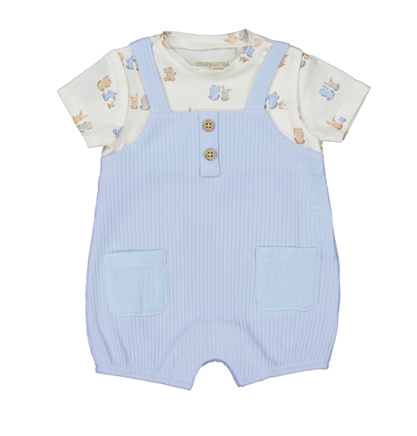 Blue one-piece overall for babies with a white t-shirt attached featuring a bunny print, with pockets on the front and snaps for easy dressing and diaper changes.