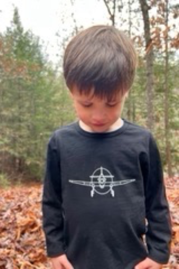 Me & Henry black long-sleeved shirt with a plane on the front