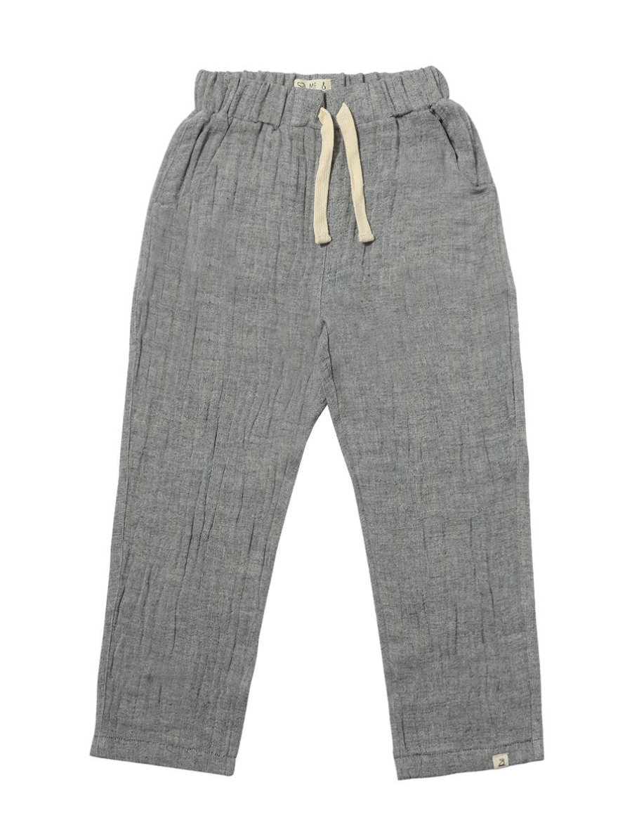A pair of Me & Henry gray Bosun Gauze Pants for babies with a drawstring waistband, displayed against a white background.