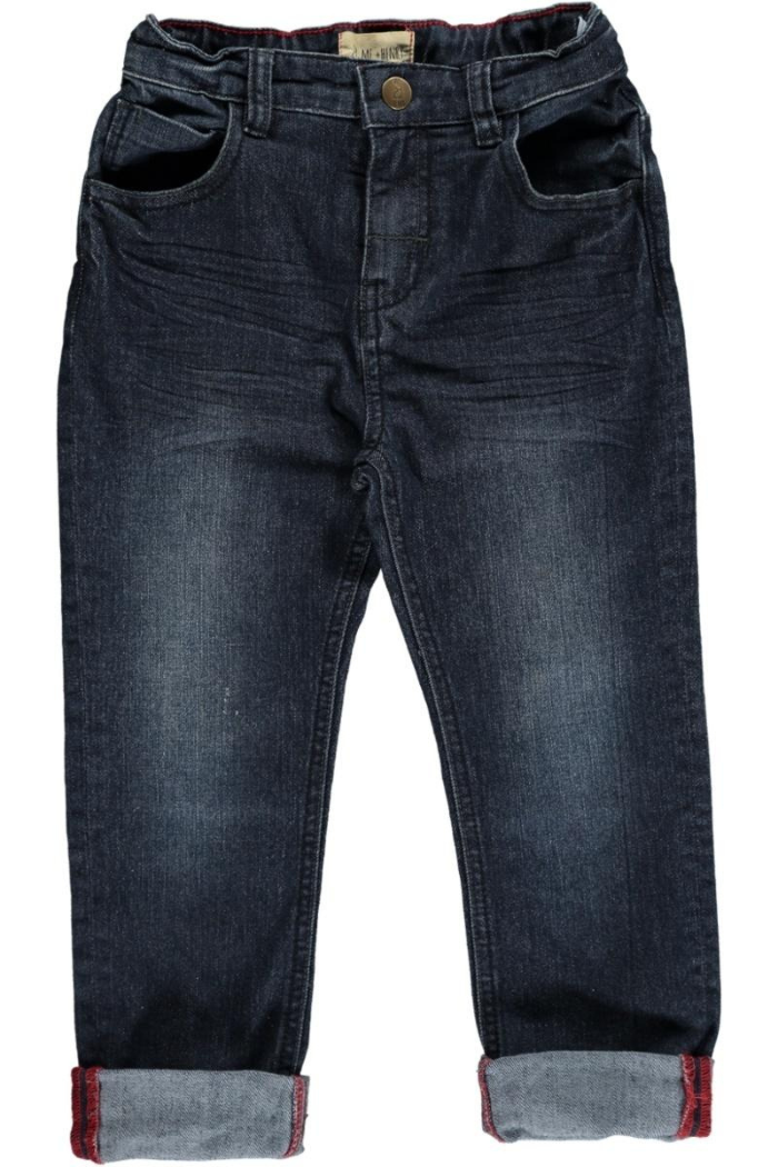 A pair of Me & Henry soft blue denim baby jeans with an elastic waistband, designed for comfort and easy wear.