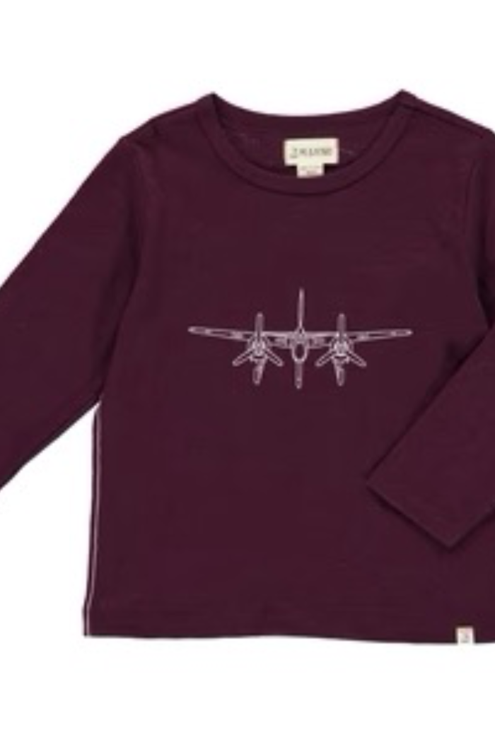 Me & Henry burgundy colored raglan printed tee with a graphic of an airplane on the front.