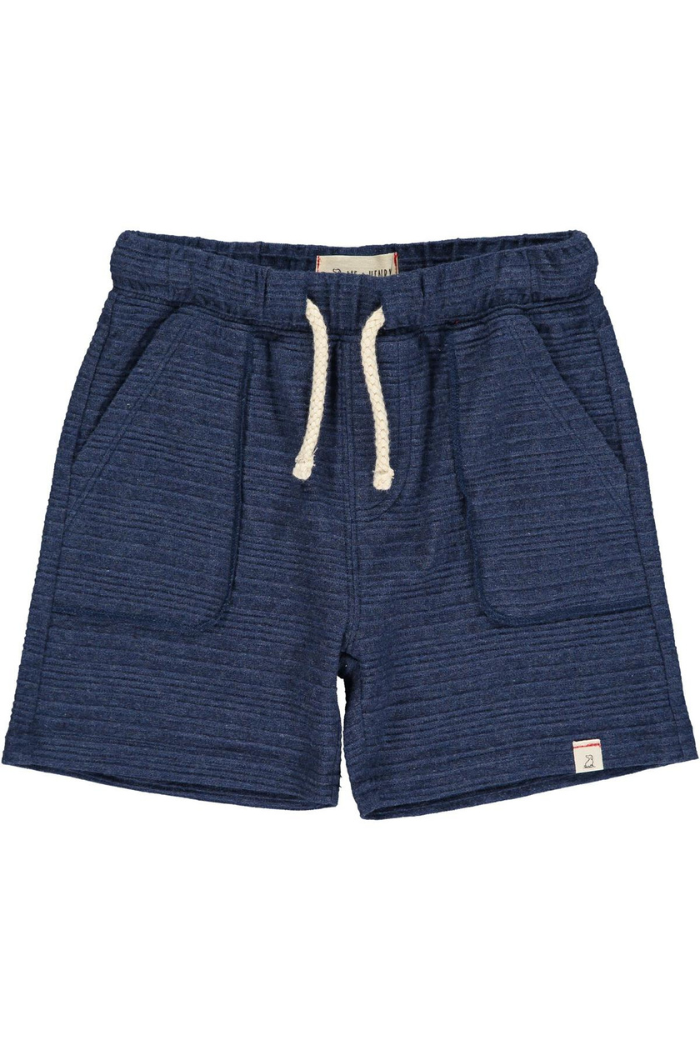 A pair of Me & Henry navy blue baby shorts with a ribbed texture and two front pockets, featuring a drawstring waistband.