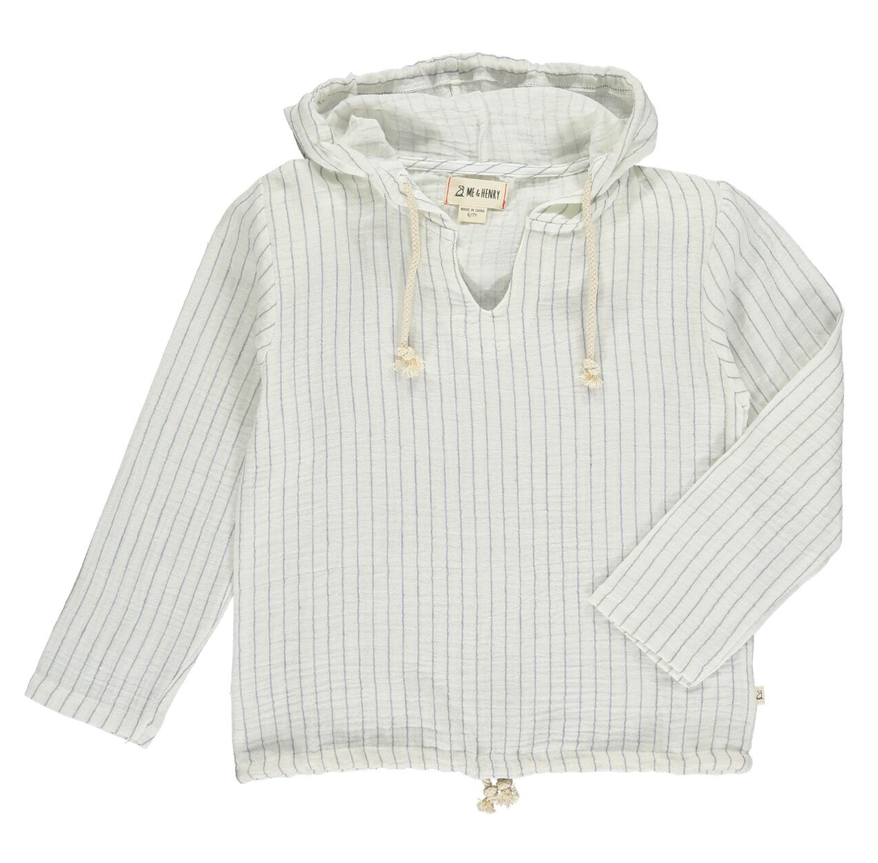 Me & Henry St. Ives striped cotton baby top with a hood and drawstring waist, primarily in white with green stripes.