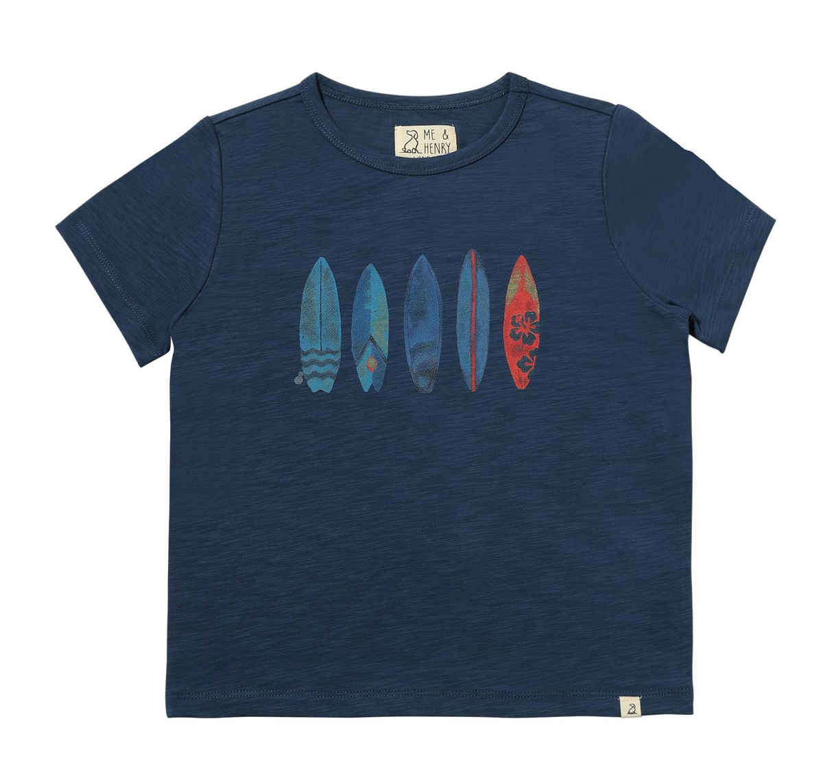 Me & Henry navy-colored baby t-shirt with a graphic of five colorful surfboards on the front.