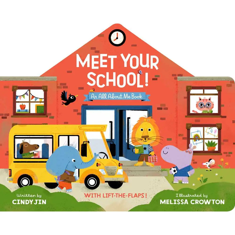 Book cover of 'Meet Your School!' with a school building, bus, and animals.