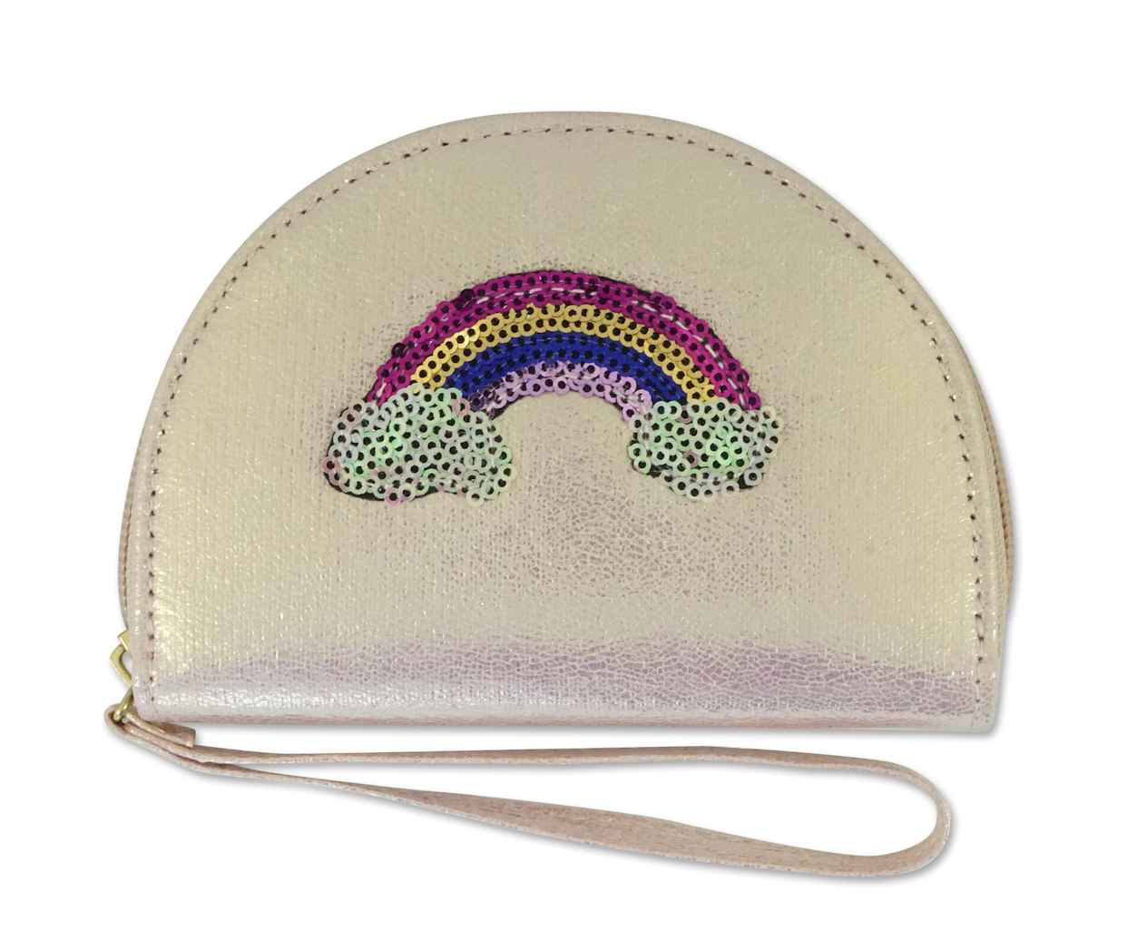A light pink wristlet with a sequin rainbow print on the front, displayed on a white background.