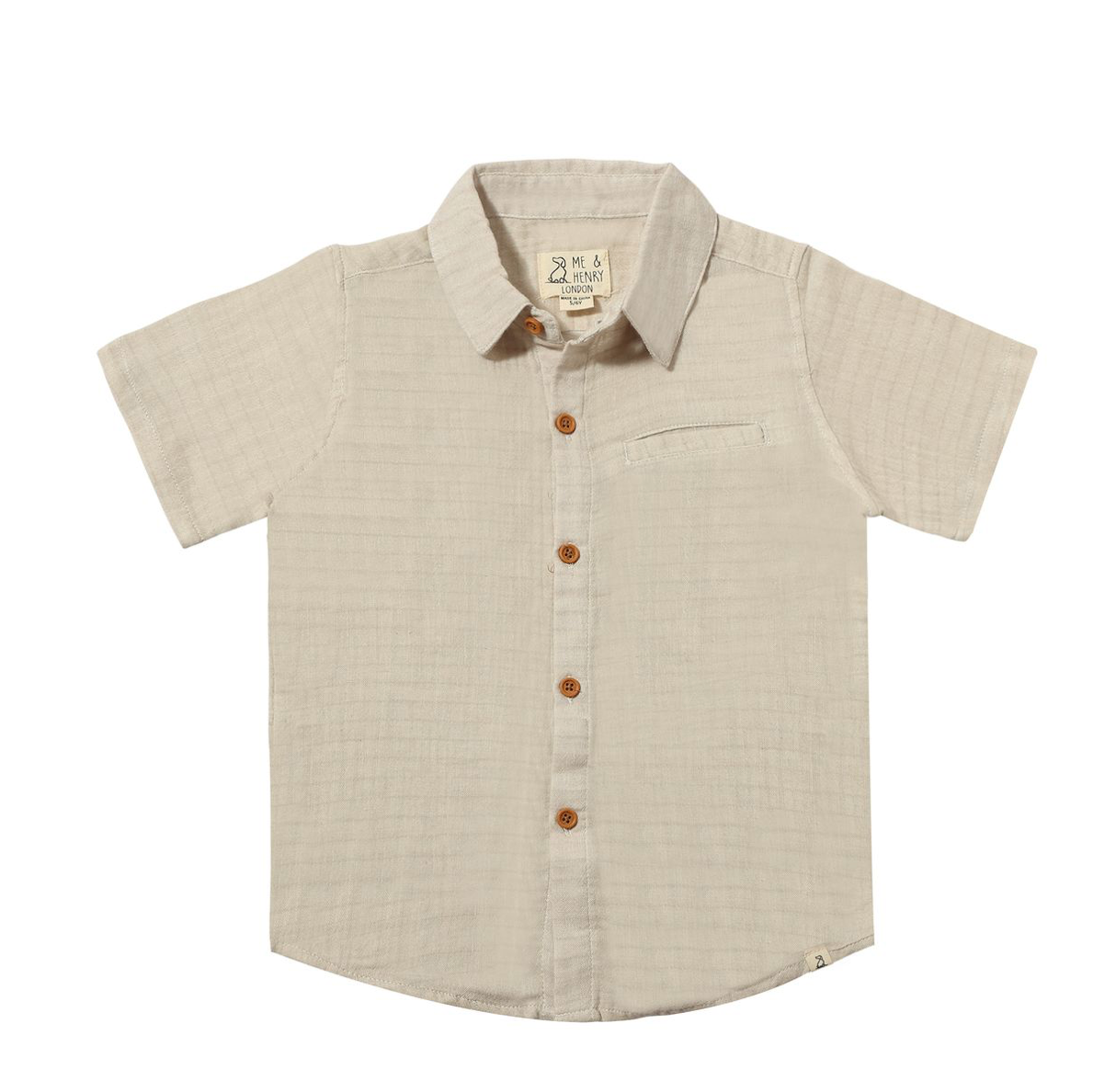 Me & Henry beige, button-down, short sleeve shirt for babies with a woven texture.