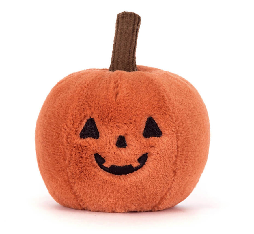 Ooky Jellycat plush pumpkin toy with a smiling face on a white background