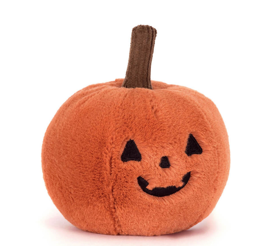 Jellycat plush pumpkin toy with a smiling face on a white background