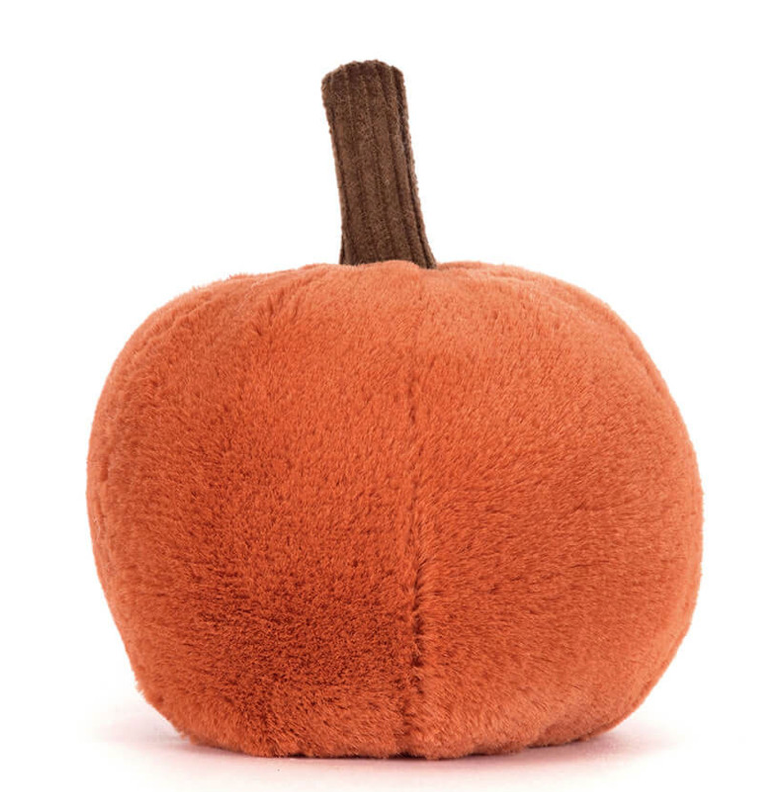 Backside view Ooky Jackolatern Jellycat plush pumpkin pillow with a brown stem on a white background