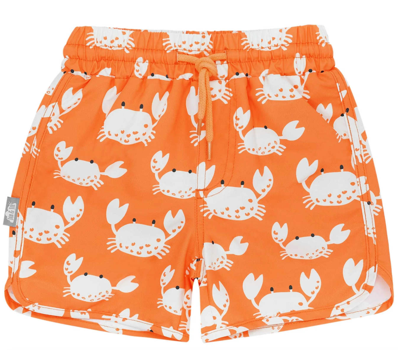 Orange swim trunks printed with crabs