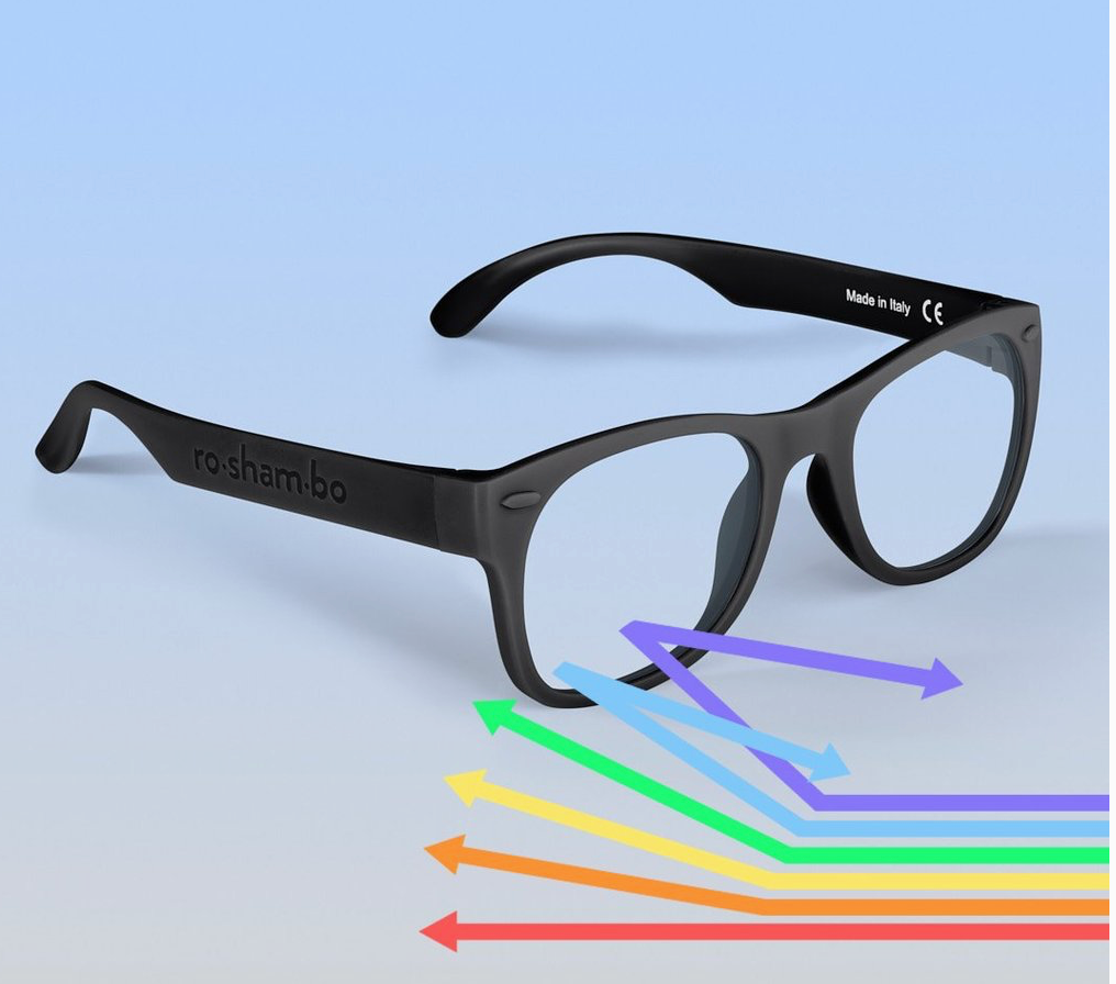 Black eyeglasses showing how blue light protection works