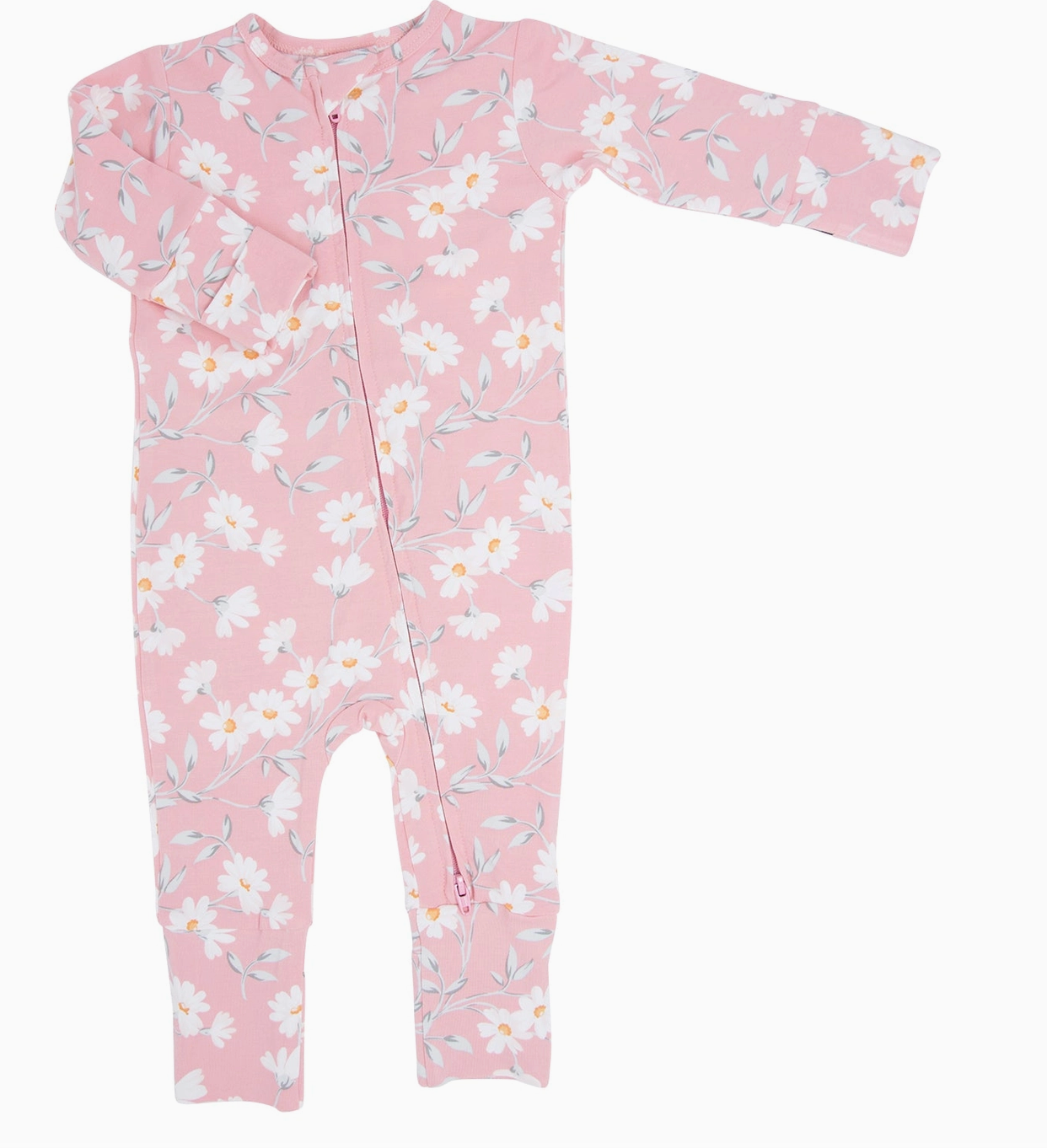 A pink floral print convertible romper with long sleeves, designed for babies