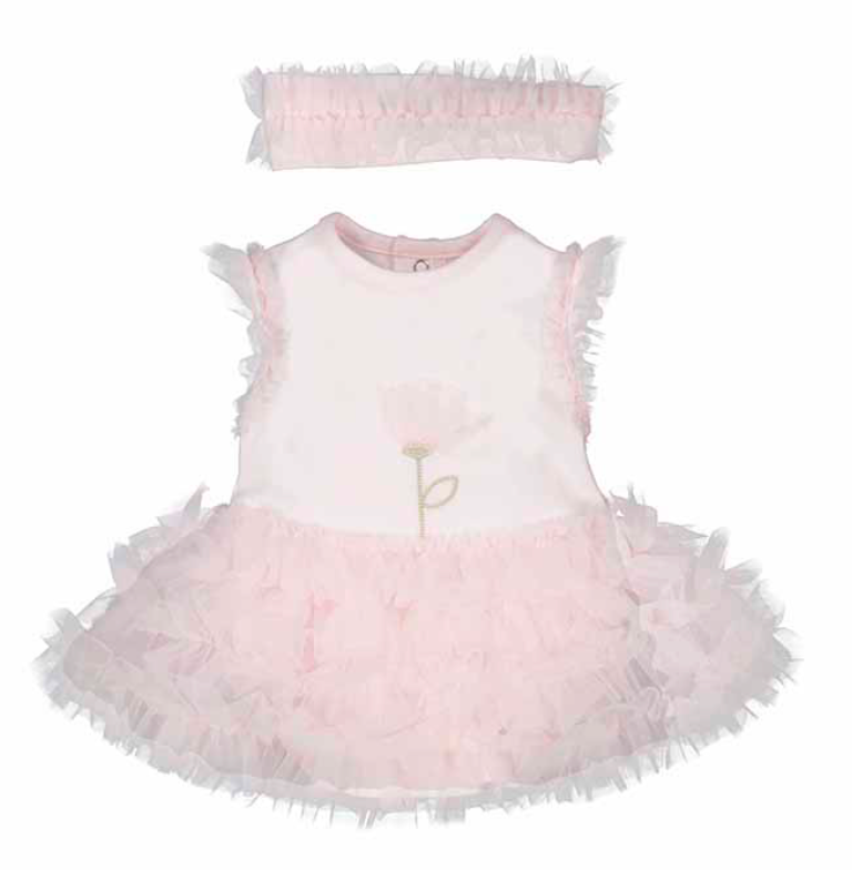 A pink tutu with a flower detail on the front, accompanied by a matching headband.