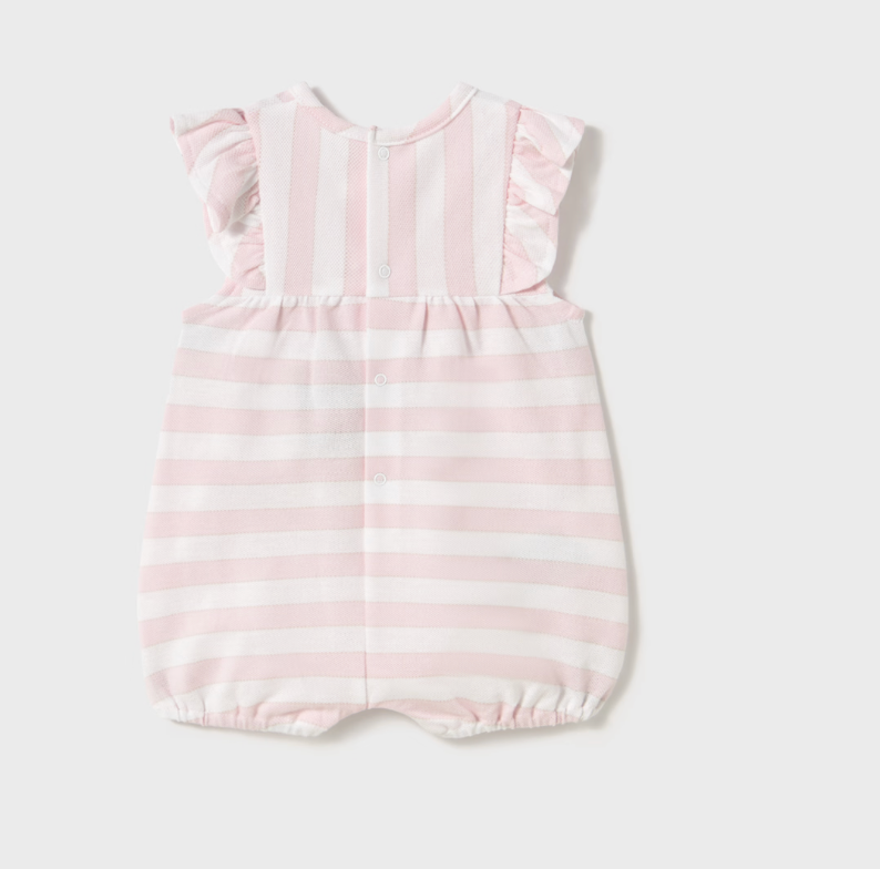 A sleeveless, striped pink and white romper with ruffles and button closures for baby.
