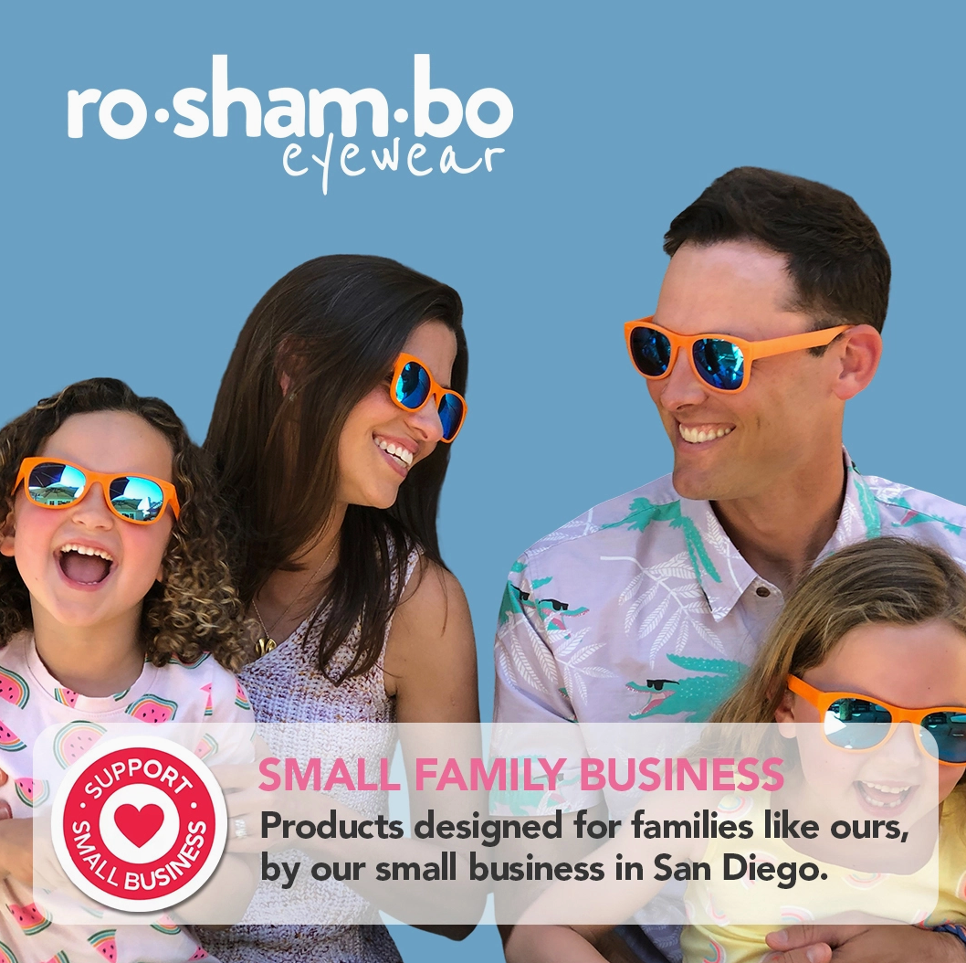 Family wearing ro sham bo eyewear with promotional text on a blue background