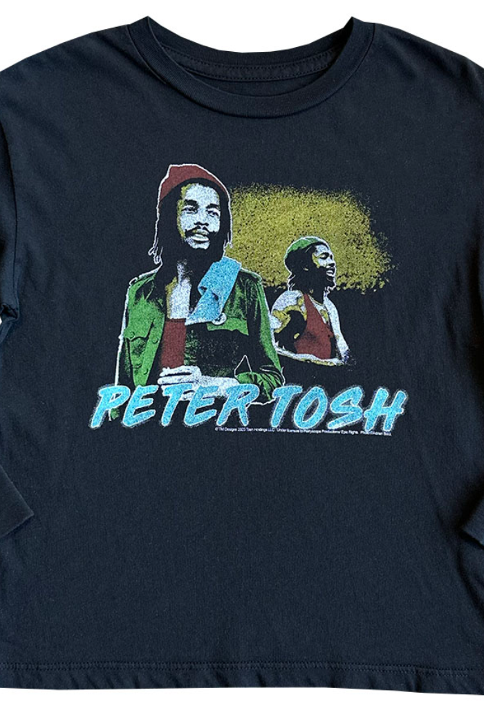 Rowdy Sprouts black long sleeve tee with a graphic print of Peter Tosh in the center.