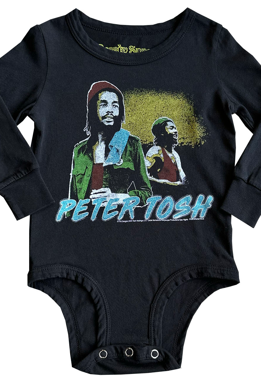 Rowdy Sprouts black onesie with Peter Tosh logo