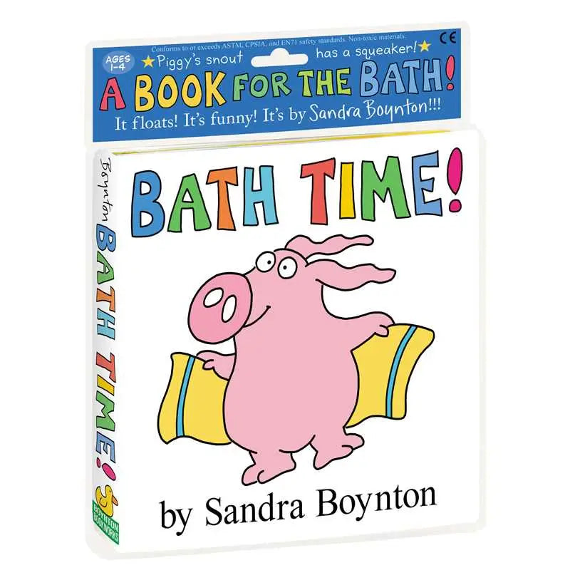 Book cover of 'Bath Time!' by Sandra Boynton with a cartoon pig character on a white background.