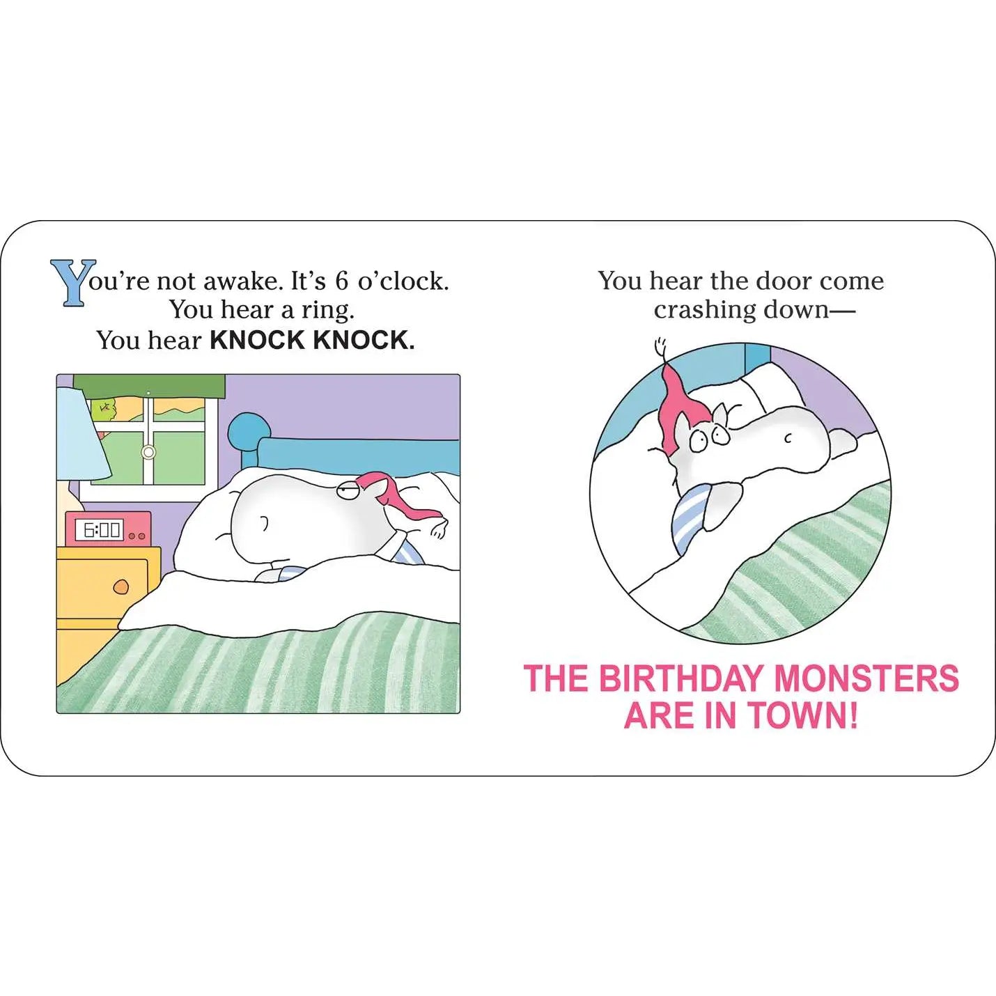 Cartoon illustration of a child waking up to knock knock joke with birthday monsters theme.