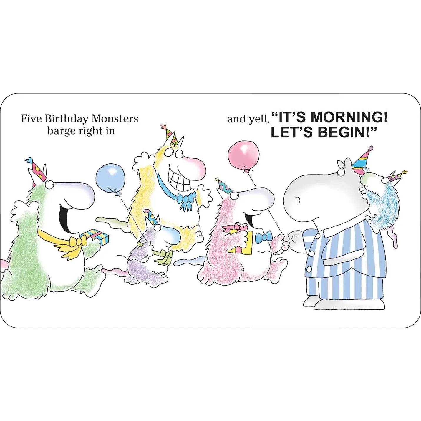 Cartoon monsters celebrating a birthday with text on a white background
