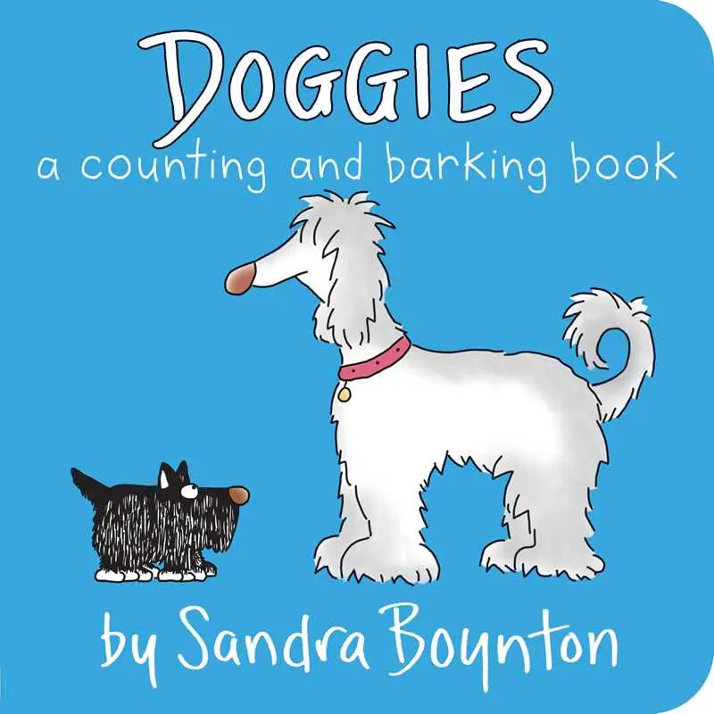 Book cover of 'Doggies: A Counting and Barking Book' by Sandra Boynton with a cartoon dog and cat on a blue background.