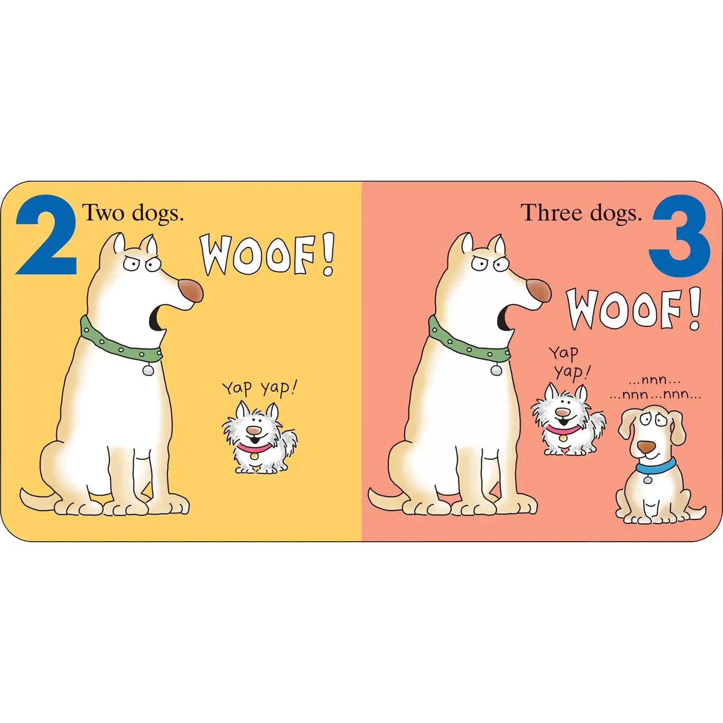 Illustration of two dogs on a yellow background with text 'Two dogs. Woof!' and three dogs on a pink background with text 'Three dogs.