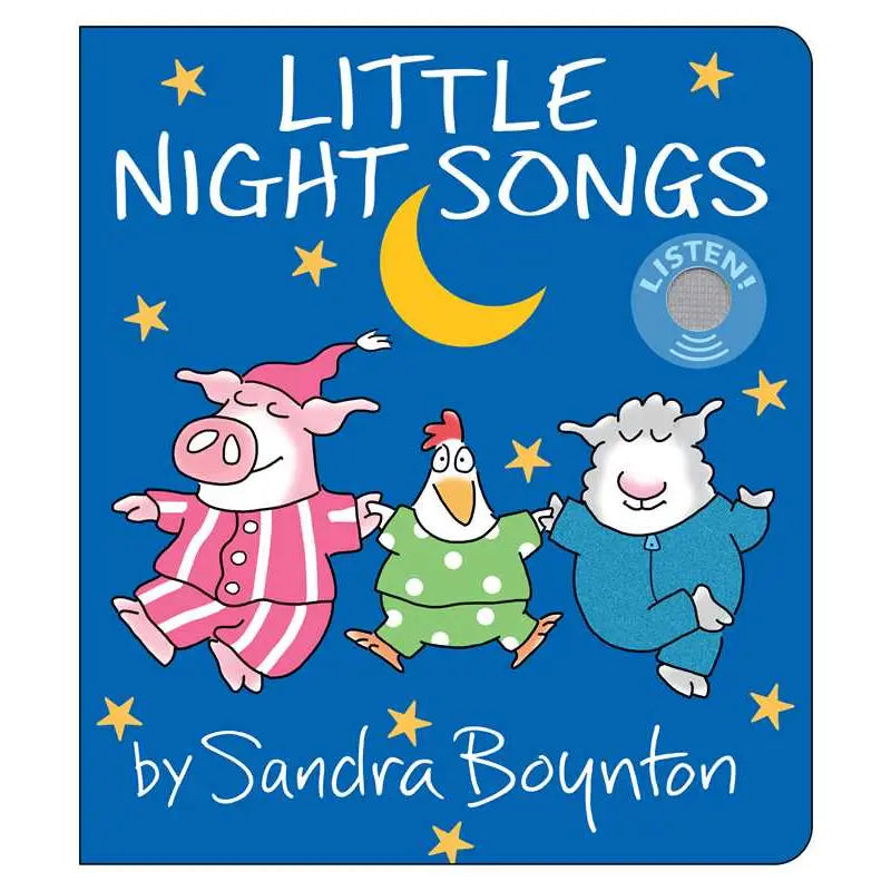 Book cover of 'Little Night Songs' by Sandra Boynton with cartoon animals and a moon on a blue background.