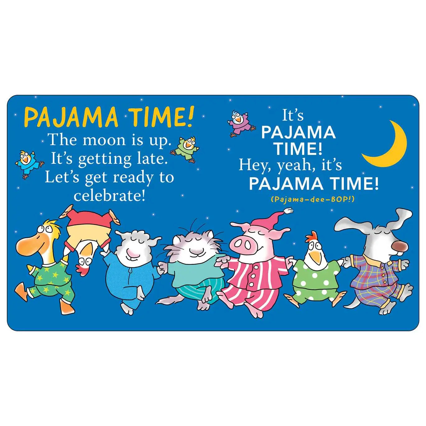 Children's book cover with cartoon animals in pajamas and text about 'Pajama Time'.