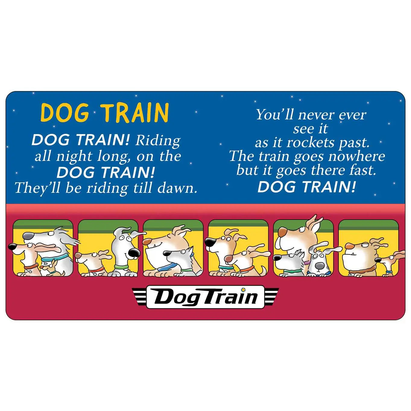 Dog Train product with cartoon dogs and text on a blue and red background