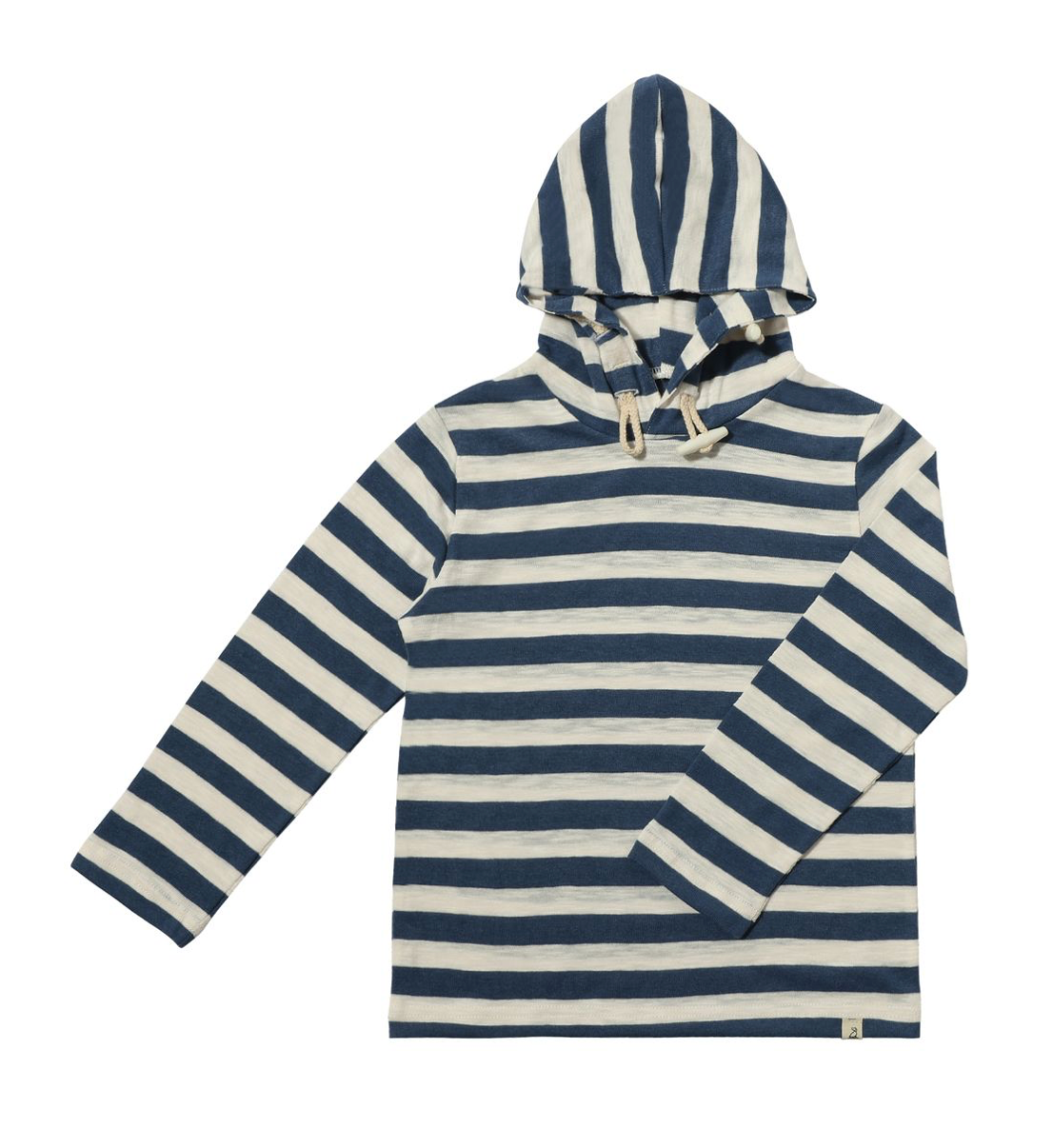 Me and Henry hooded top with navy and cream stripes, long sleeves, and a front pocket.