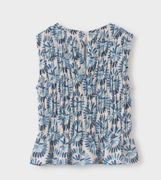 sleeveless blouse with a blue floral print