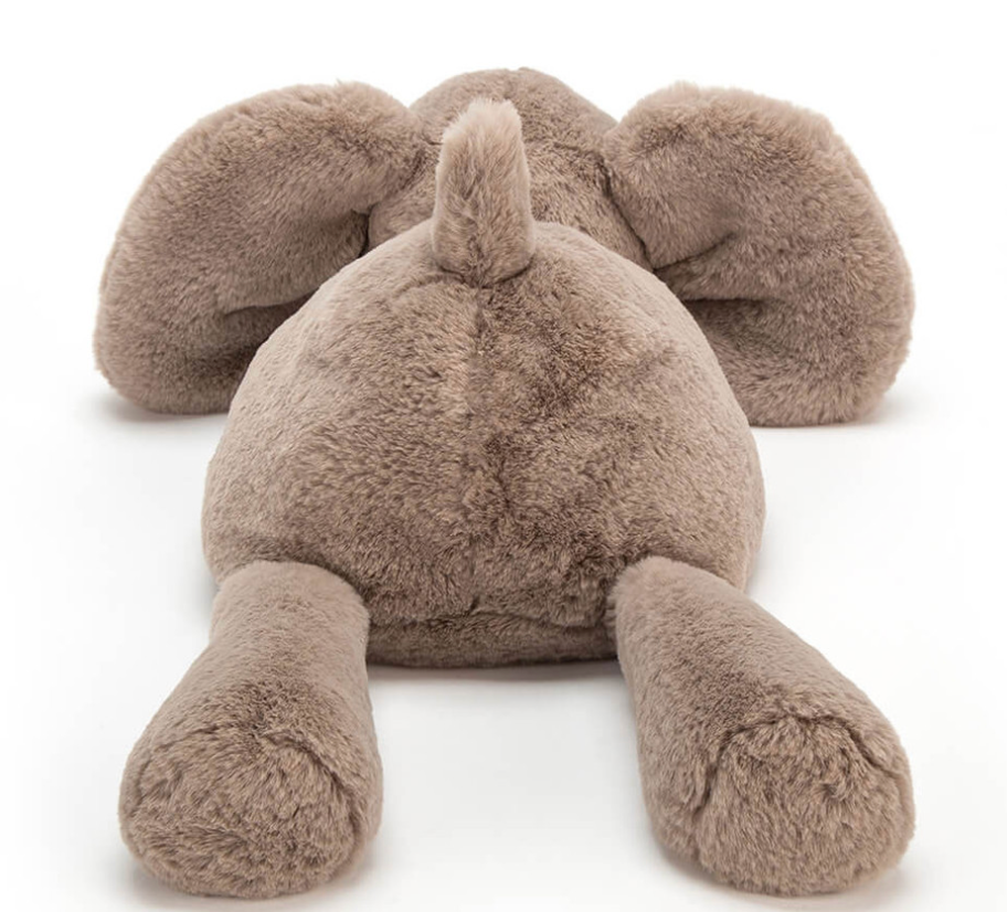 Back view Smudge Elephant Jellycat plush elephant toy on a white background