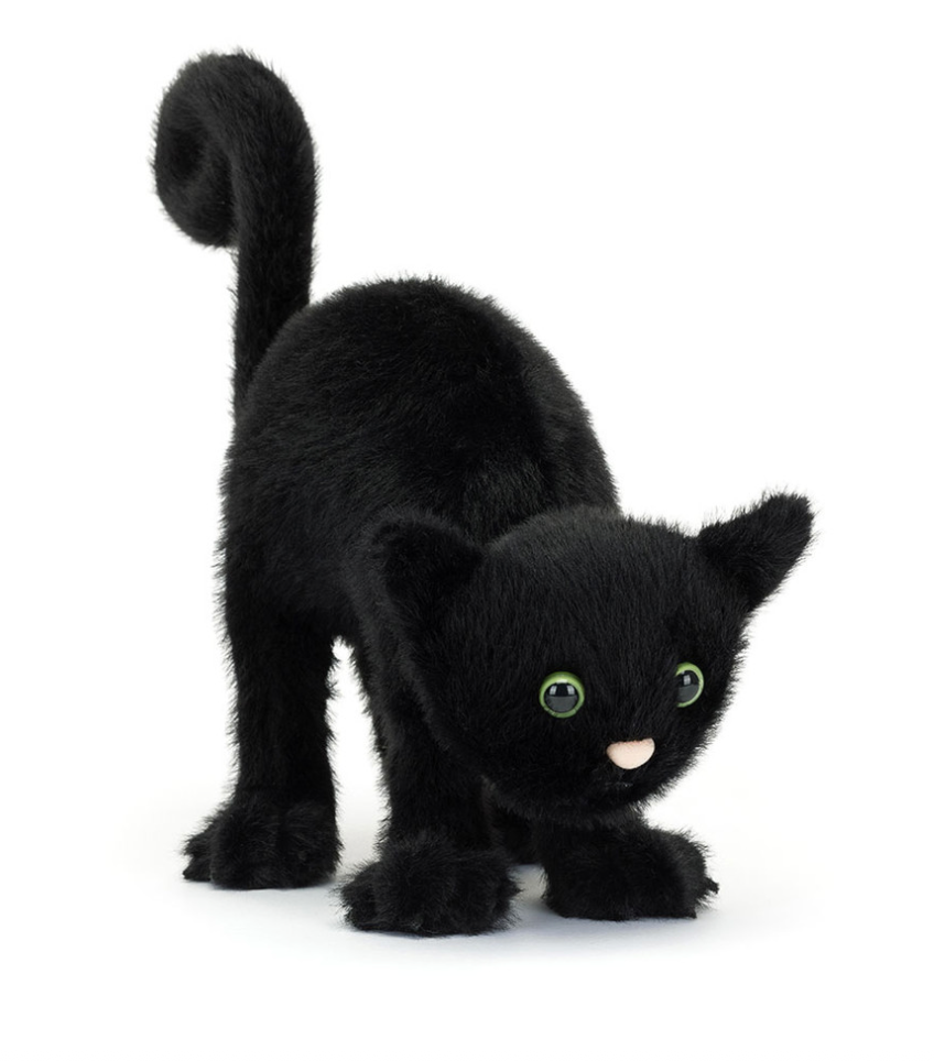 Spookiepaws Jellycat plush black cat toy on a white background