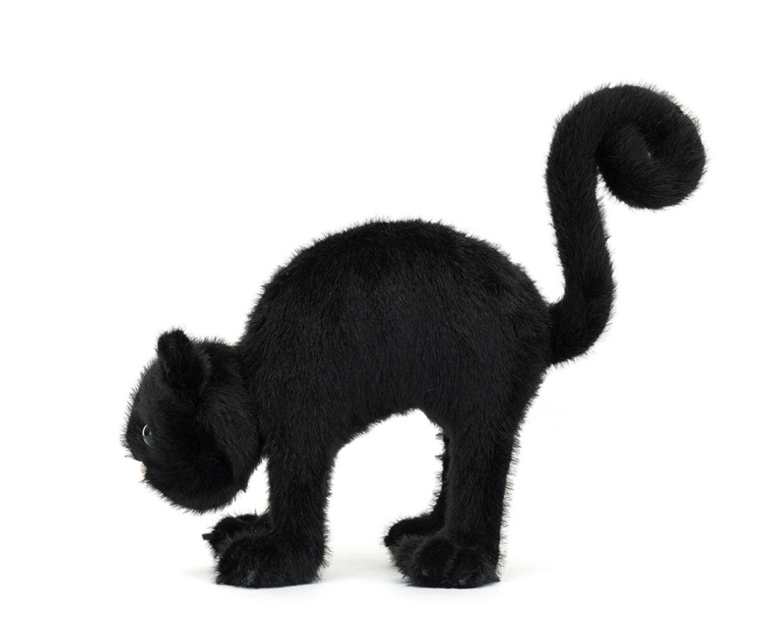 Sideview of Sppokiepaws Jellycat black cat toy on a white background