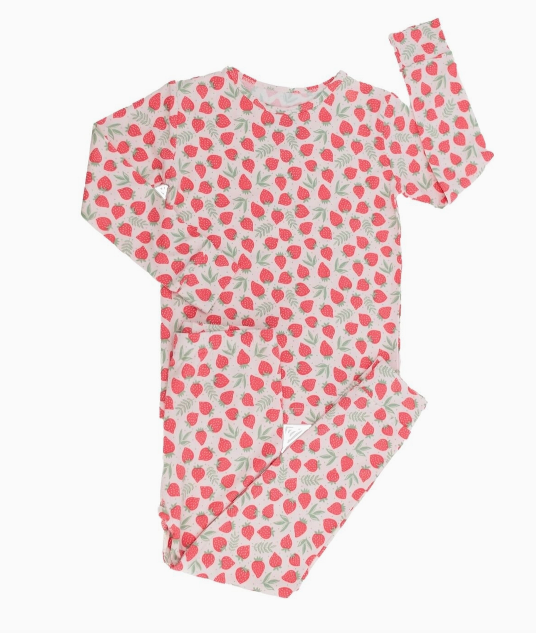 See Brand set of children's pajamas with a pattern of strawberries and leaves on a white background.