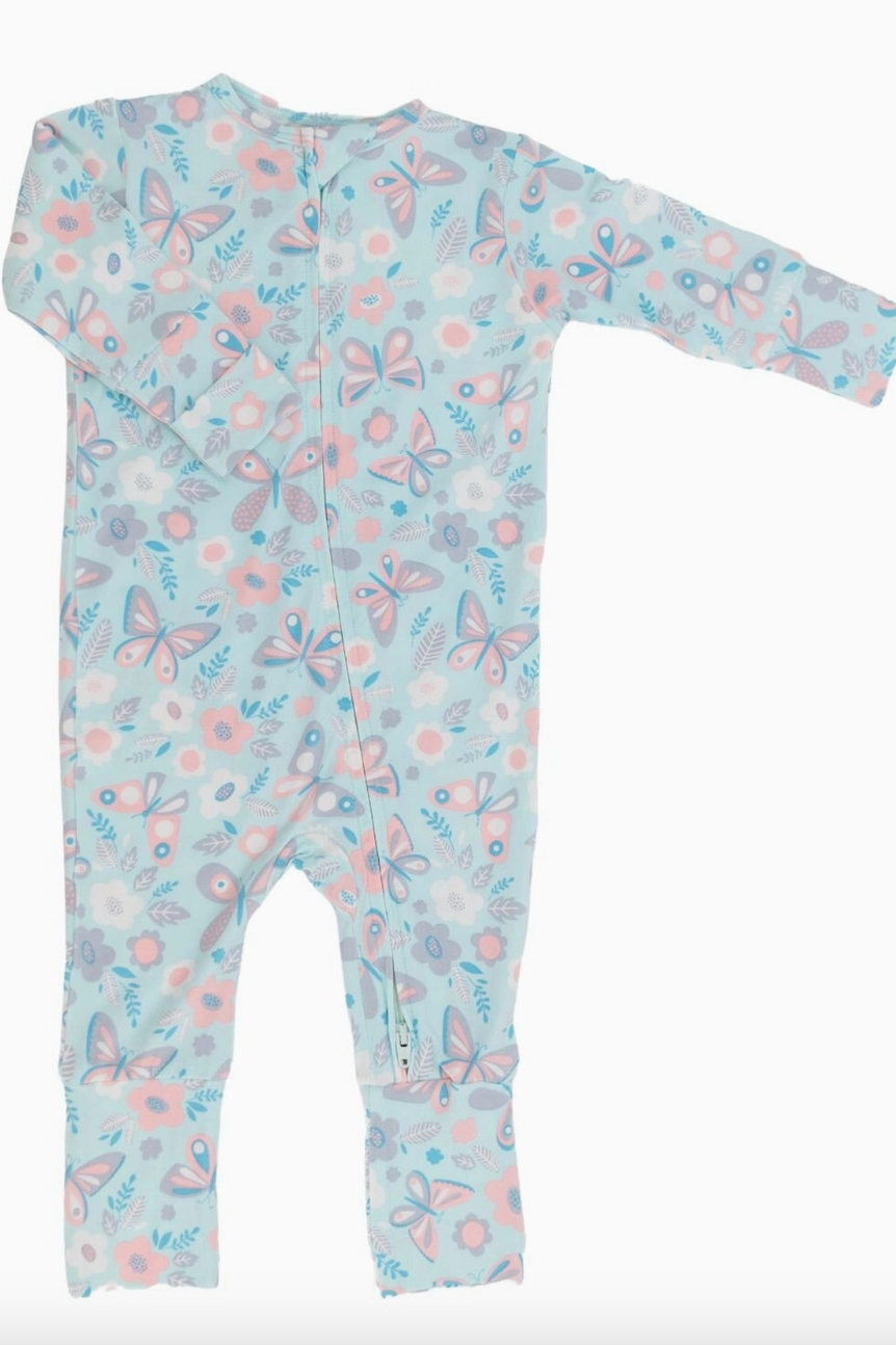 Sweet Bamboo long-sleeved baby romper in a Butterfly Aqua color pattern, featuring fold-over cuffs and a smooth zipper.
